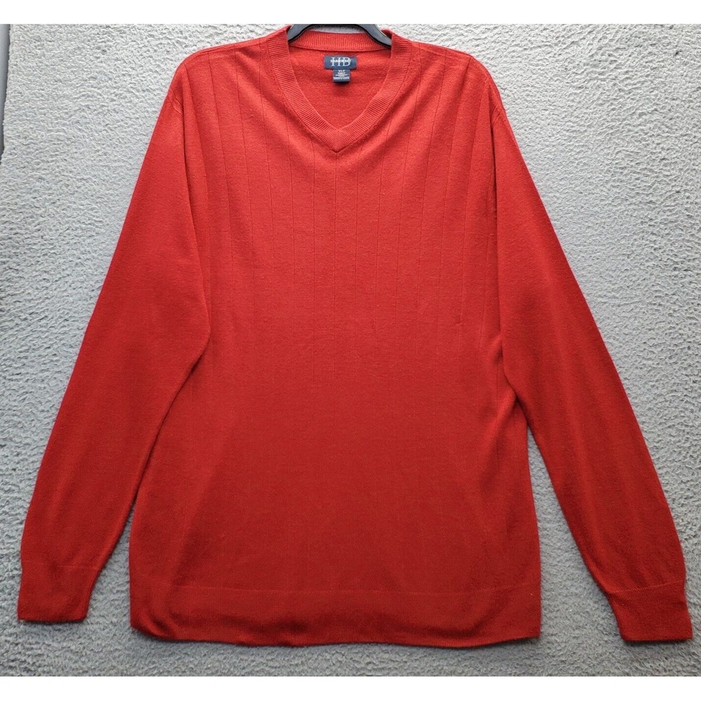 Harbor Bay Sweater Mens‎ Tall XL Red Knitted Ribbed Hem & Cuff V Neck Pullover